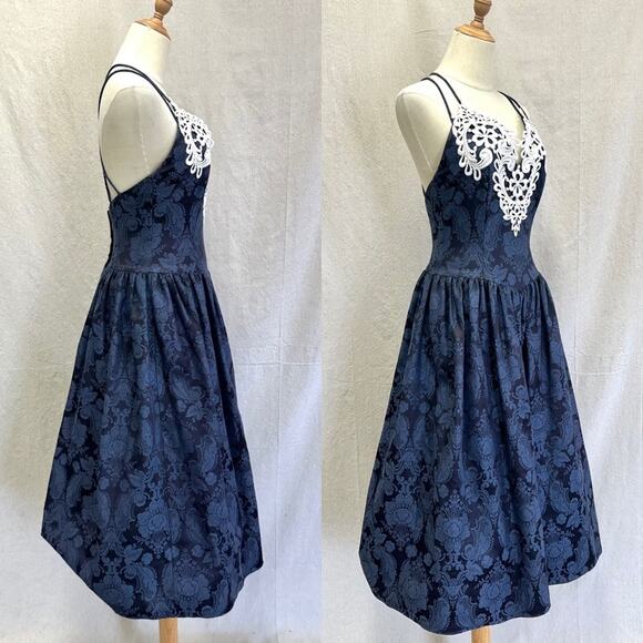 Gunne Sax vintage 80s navy brocade tea length formal/party dress size 7/8 - Picture 3 of 16